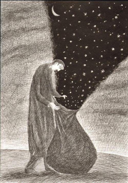 enchantedbook: Artist : Leonid Tishkov : “bag of stars” from The Book Of Dreams And Visions, 2011