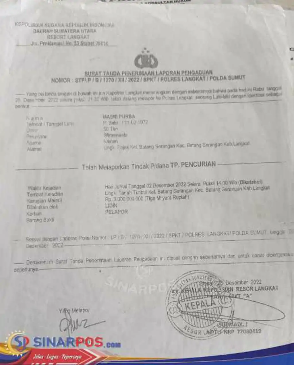 Masri Purba Pertanyakan Laporan Tak Diproses di Polres Langkat