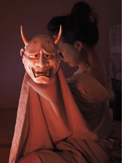 Two faces of a woman, photoshoot by Yuko Meisen using 2 traditional Noh masks: the ko-omote (young a