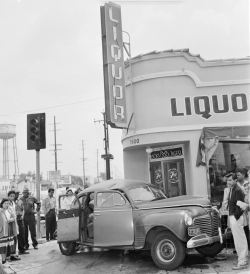yesterdaysprint:    Accident at Nord &amp; Culver Avenue, Culver City, California, 1954     liquor was not involved according to authorities