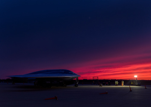 A B-2 Spirit Stealth Bomber, assigned to the 509th Bomb Wing, Whiteman Air Force Base, Missouri, sit