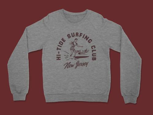“Hi-Tide Surfing Club” vintage t-shirt and crewnecks I designed for Hi-Tide records! I really love t