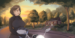 Oh hey Tumblr, how’s going? :PNew SFW artIn the evening, Morgan (Miss Rosewood) just arrived to Audrey’s house, riding a motorcycle. I thought it would be a nice idea for her. I hope you like it! &lt;3I tried to put more efforts on background this