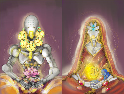 baoxuu:  “We are one with the iris”finally i finish this, i was all day with this two :’D i just adore i drew them,it just so adorable! Shima haves one of Zenyatta Orbs and Zenyatta has a Lotus that represents Shima. they can be far away but they