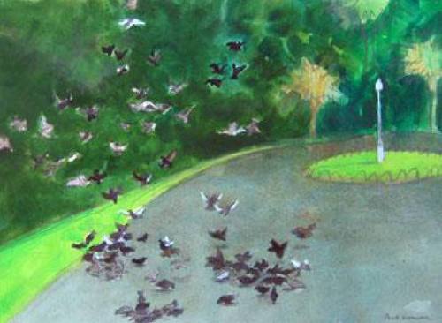 Park & Pigeons  -   Paul WonnerAmerican, 1920-2008Acrylic and pencil on paper, 13 x 18"