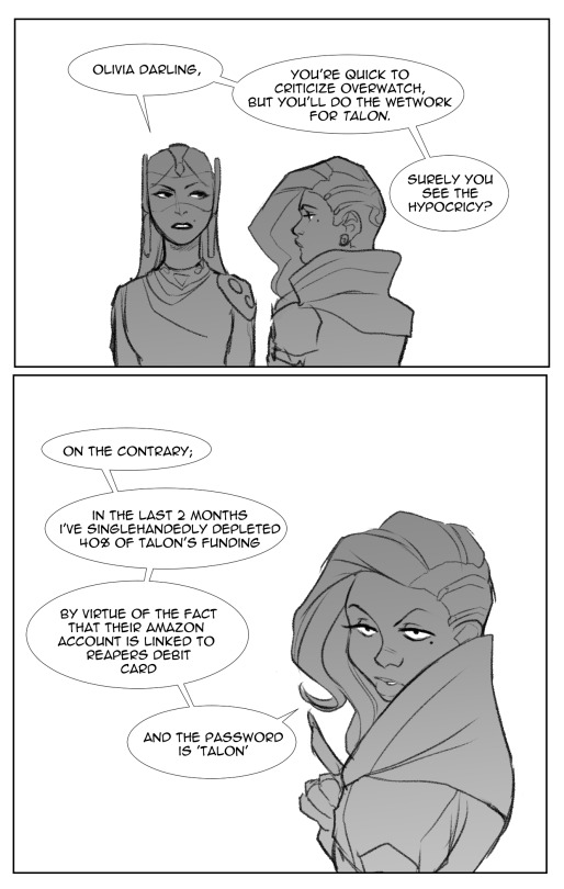 disteal:  disteal:  disteal: Scrapped comic concept: Sombra deconstructing the inherent failures of an imperialist, undemocratic global military force steeped in 6 feet of bitchy drama disguised as   bureaucratic infighting that 100% earned its bullet
