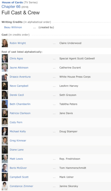 The full cast of House of Cards Season 6 Episode 1.