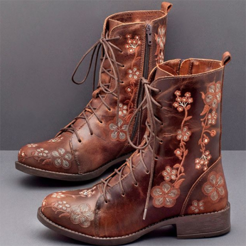 strangeavenueexpert:Elegant Flowers Printing Lace Up Block Heel Ankle BootsClick HERE20% OFF coupon 