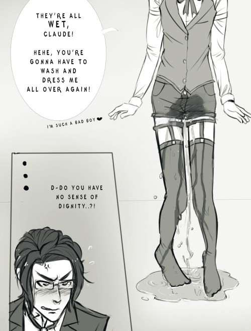 deicidem:pic i finished just before sad hiatus, figured i might as well post it. idea based on chat with @aloistrancy-trash…Alois is such a brat and he would absolutely do this to Claude. tru storytw omorashi/pee lol