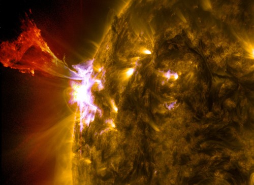 A prominence eruption captured on 3 May 2013. Combines three images from NASA’s Solar Dynamics