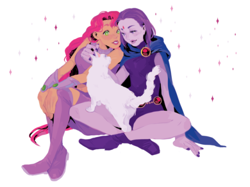 sad&ndash;luck:starfire and raven being Gay ft. a cat it’s a print !