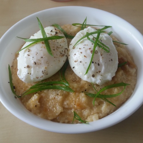 &ldquo;East meets South. Shiro miso grits, poached eggs, scallions, black pepper.&rdquo; on /r/food 