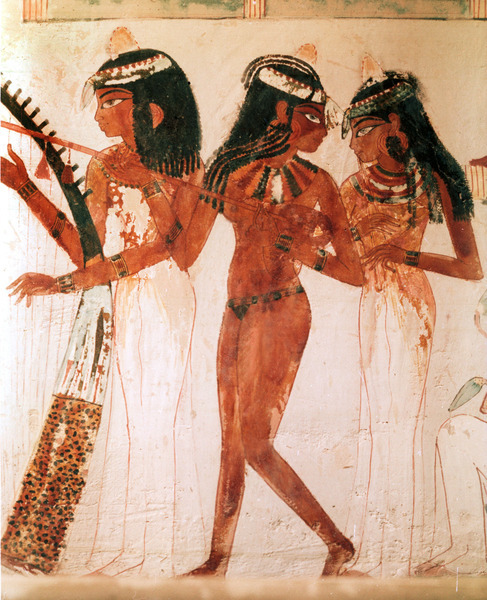 grandegyptianmuseum:Painting from the tomb of Nakht depicting three female musicians.