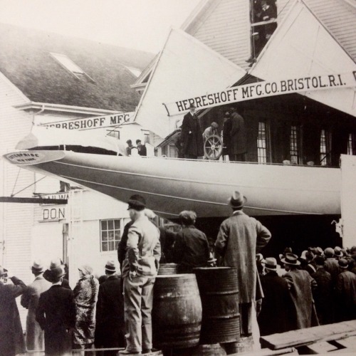 rickinmar: Enterprise being launched. 121 feet overall length, with a 6000 pound, 165 foot spruce mast. designed by Starling Burgess of Marblehead. built at Herreshoff in Bristol Rhode Island.owned by Harold Vanderbilt. defender of 1930 America’s Cup,