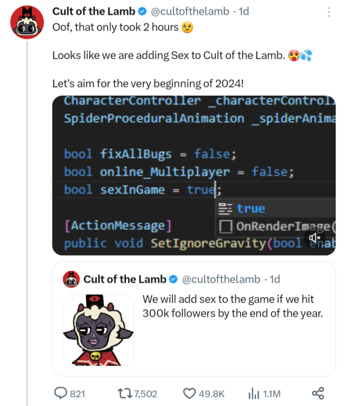 Cult of the Lamb on X: We will add sex to the game if we hit 300k  followers by the end of the year.  / X