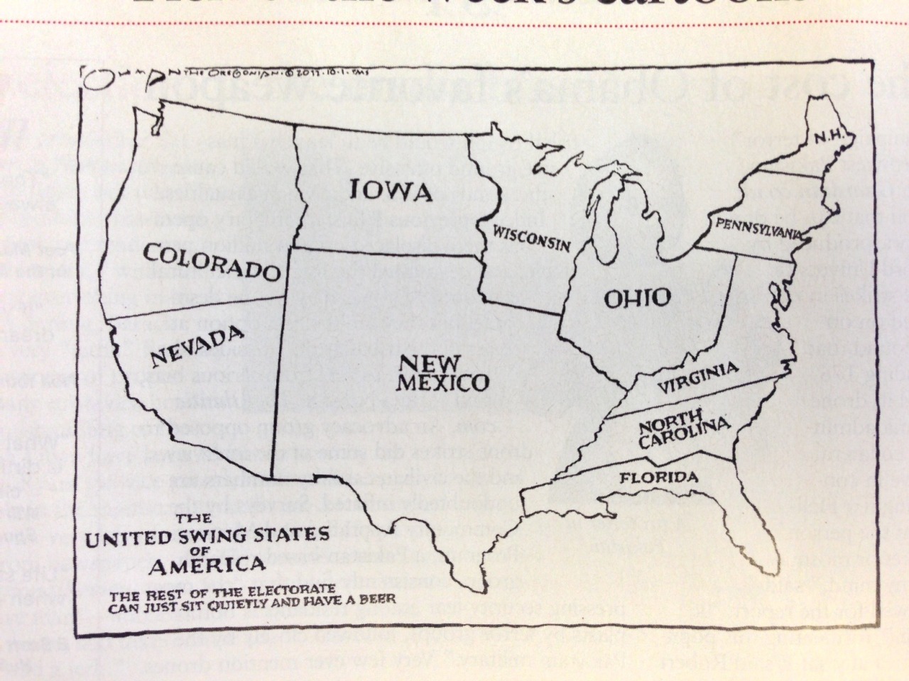 United Swing States of America, 2012.
As shown by this map, the next presidential election will not be decided by 50 states, but by just 11 - the so-called ‘swing states’, that could still go either way.