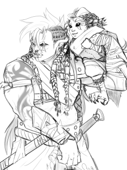 jen-iii:Fiddling around with Brutaak’s hair (cuz Mohawks are MMMM NICE) and I wanted to draw out her and @spatialheather‘s character Alula’s (Ranger shifter who is still a child) interactions because Brutaak has a huge soft spot for children and