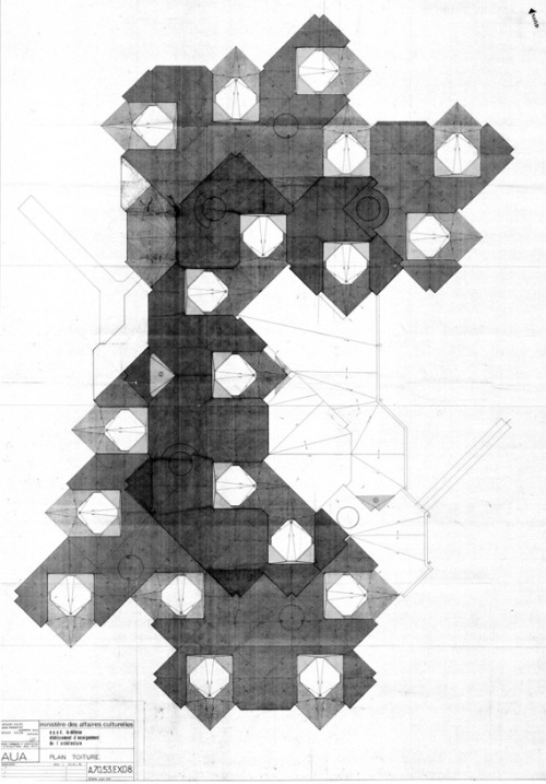 Roof plans of the Nanterre architecture school, by Jacques Kalisz, 1972.