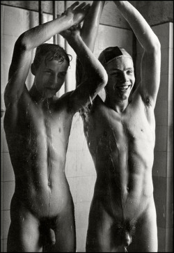 ofmiceandmenessay:  Ph. Herbert List - Germany, Hamburg. Hamburg Phoenix AG,1954. Young  workers of the industrial rubber manufacturer under the shower.