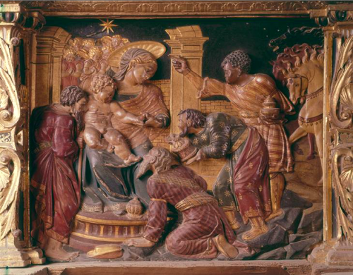 medievalpoc:Juan de BalmasedaCarved Predella: Adoration of the MagiSpain (c. 1516-1525)Polychrome Wo