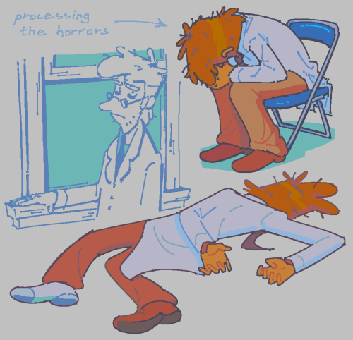 three drawings of fiddleford, upper-left is him looking at the viewer with exhaustion as we see his eyebags while his right arm is placed on the windowsill. the second drawing has him in the shinji chair pose. in the final drawing below, he is positioned in the family guy death pose.
