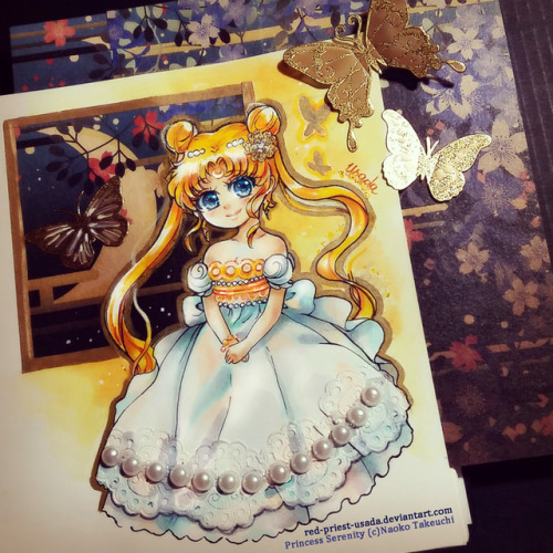 It’s chibi time :).Princess Serenity coloured with copic markers. I added Japanese decorative 