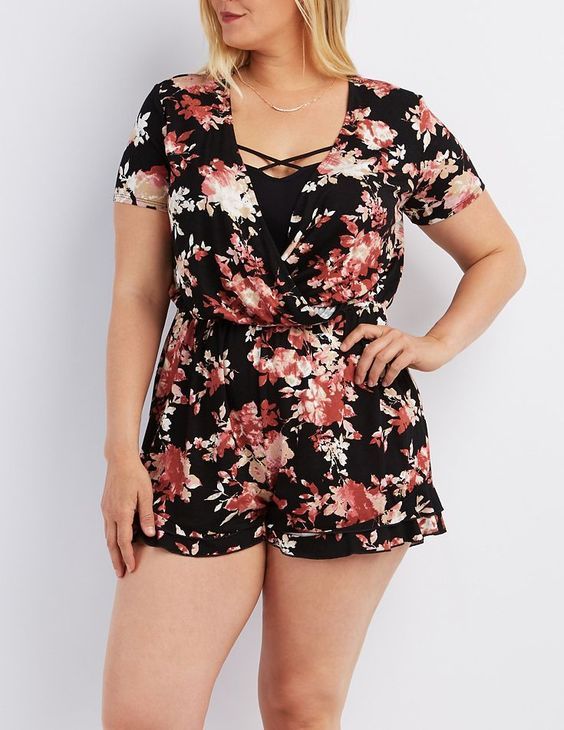 beautiful-real-women:  Plus Size Black Printed Surplice Neck Romper by Charlotte