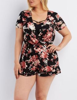beautiful-real-women:  Plus Size Black Printed Surplice Neck Romper by Charlotte Russe