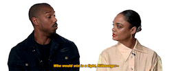 zetsubonna:  whoizmemic:   brycemargot: Michael B. Jordan and Tessa Thompson Interview Each Other  Oddly enough I have to somewhat disagree. I think Killmonger might win if he has the suit he is guaranteed a win he has the kinetic energy thing. She has