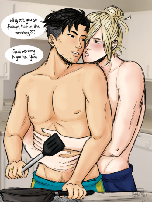 sh4dowdraws:  OtaYuri Week Day 4: Domestic/Long Distance Every morning Yuri wakes up disgusted at how beautiful his hubby is. No man has the right to look that good right out of bed. Otabek always returns Yuri’s little ‘I hate you’s with his own ‘I