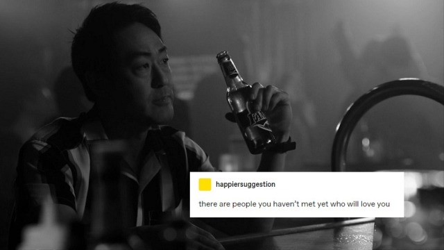 a black and white screencap of Chimney drinking at the karaoke bar in Chimney Begins overlaid with the same text post.