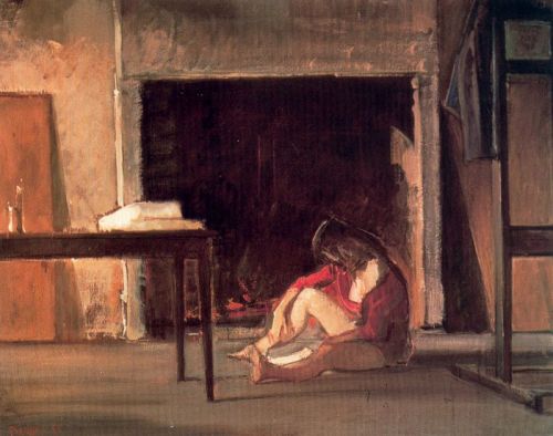 artist-balthus:Chassy by the fireplace at workshop, 1955, Balthus