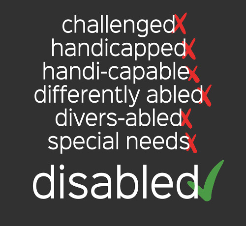 neurowonderful:[Image description: White text against a grey background reads, “challenged, handicap