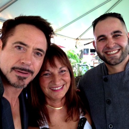 team-downey1965:Robert Downey Jr. with his personal chef, Charles Voudouris, and Charles’s mom.Oh da