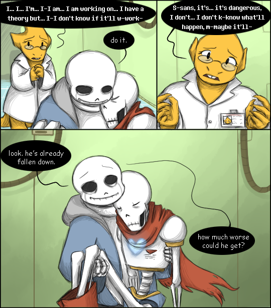 zarla-s:  This may be the worst idea I’ve ever had. Contains spoilers for the end of the True Pacifist route! The single image version is here. * It makes a joke about spaghetti. It hates its own joke.* It tidies up the place, then immediately scatters