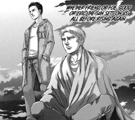 momtaku:  It may not have been deliberate on Isayama’s part, but I couldn’t help but notice that Reiner and Bert are facing away from Shiganshina in the closing panel. They aren’t looking towards to the battle, they are looking towards home.And