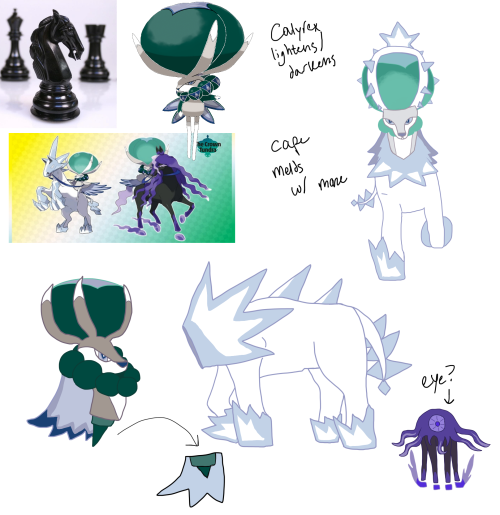 An idea for a redesign of The Crown Tundra’s three main legendary pokémon: Calyrex, Glastrier,