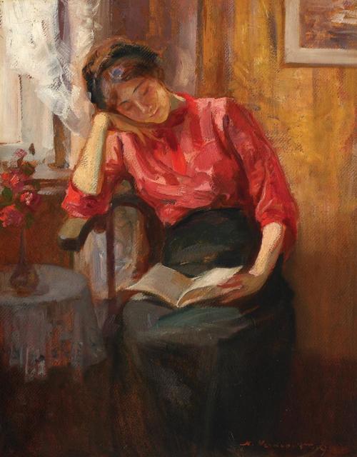 books0977:Reading (1919). Nicolae Vermont (Romanian, 1866-1932). Oil on cardboard.In 1896, Vermont a