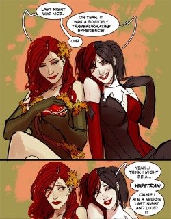 compersion-kitty-says:  alizzie-who-smiles-at-death:  feedmecomicart:   Harley Quinn &amp; Poison Ivy  by  nebezial  tag yourself im Harley  her expression.. 