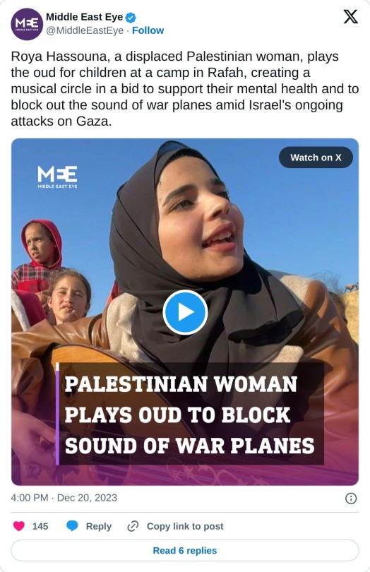 Roya Hassouna, a displaced Palestinian woman, plays the oud for children at a camp in Rafah, creating a musical circle in a bid to support their mental health and to block out the sound of war planes amid Israelâs ongoing attacks on Gaza. pic.twitter.com/HRXMkMHp4b
â Middle East Eye (@MiddleEastEye) December 20, 2023