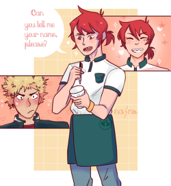 nans-decidestodraw: Kiribaku Week! Day 1: Coffee Shop AU Kirishima is a barista in certain Coffee Shop that uses to sell their beverages too expensive, Bakugo is a guy who hates capitalism but he can’t help to go every morning for a nice coffee and