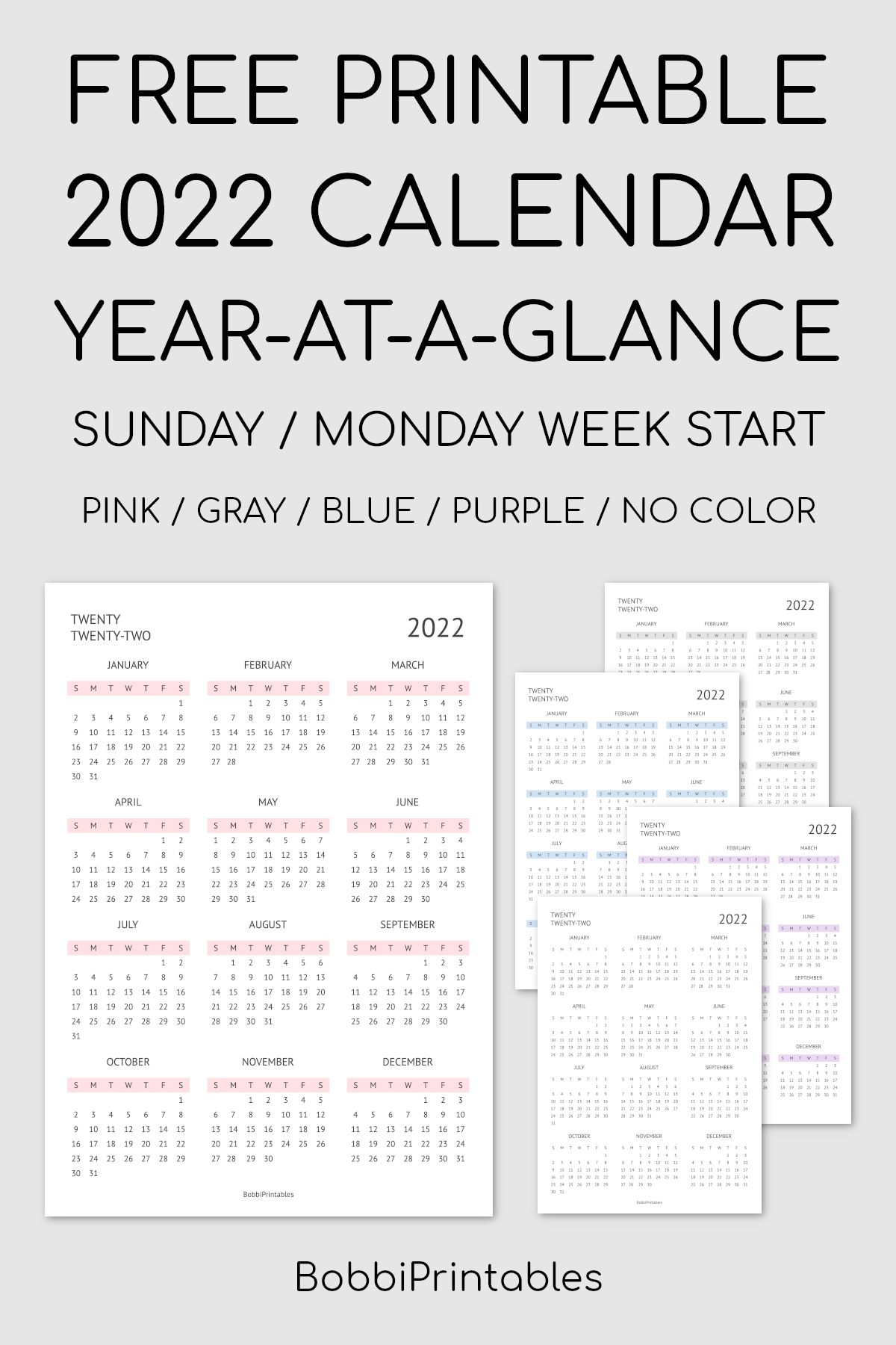 bobbiprintables free printable 2022 year at a glance calendar