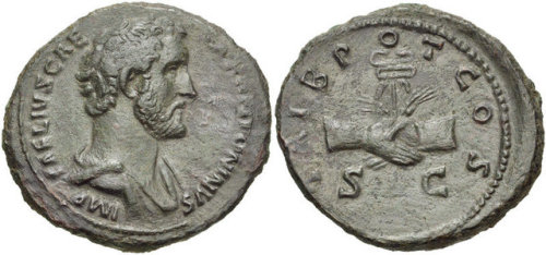 A coin of the Roman emperor Hadrian, issued in 138 CE - the final year of his reign - and depicting 