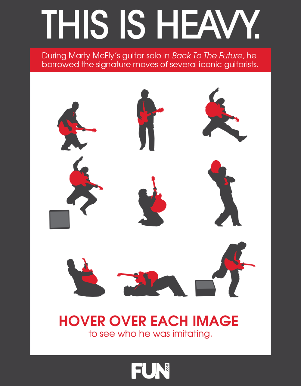 This Is Heavy: An Interactive Back To The Future Infographic
View it here for the full experience. When you hover over a Marty, it tells you which famous guitarist he was imitating during his guitar solo.
Created for FUN.com.