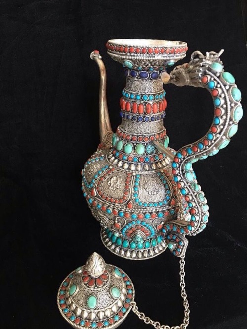 Masterpiece Nepalese Pure Silver Dragon Teapot with Gem Inlay of Lapis, Coral & Turquoise For mo