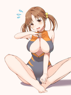 アイドルマスター、アイドルマスターシンデレラガールズ、十時愛梨、haruichi (komikal)、ヘアゴム、ツインテール、front zipper swimsuit、unzipped、一人、乳、女一人、巨乳、水着、ワンピース水着、カメラ目線、肩出し、茶色の瞳、茶髪、裸足、足、髪飾り