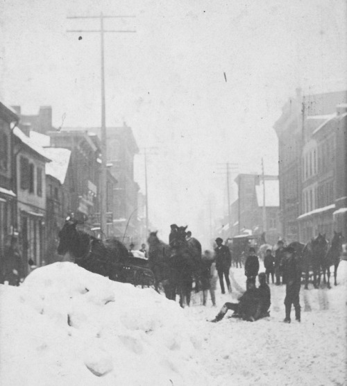 Portrait of a group posing in a street after a snowstorm in Steubenville, Ohio, c. 1880′s. By D. Fil