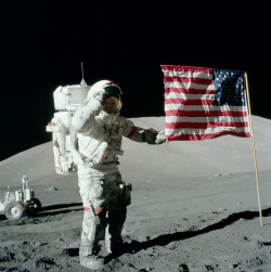 nm-gayguy:  fuck-liberal-morons:  trekboer:  humanoidhistory:  December 11, 1972 — Spaceman Gene Cernan salutes the flag in a “tourist picture” snapped during the first moonwalk of the Apollo 17 mission. The lunar rover can be seen on the left of