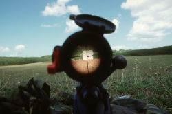 militaryarmament:  The view through a 20X power optic mounted atop an M-91 .308 caliber sniper rifle of a target. The range to the target is 300 yards. View taken at the Naval Activities Guam shooting range. 