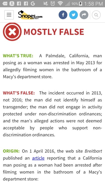socialistexan:  If anyone runs into that Brietbart story about a California man claiming to be a trans woman to abuse women, Snopes has fact checked it and it is FALSE.  Don’t believe right wing fear mongering. 
